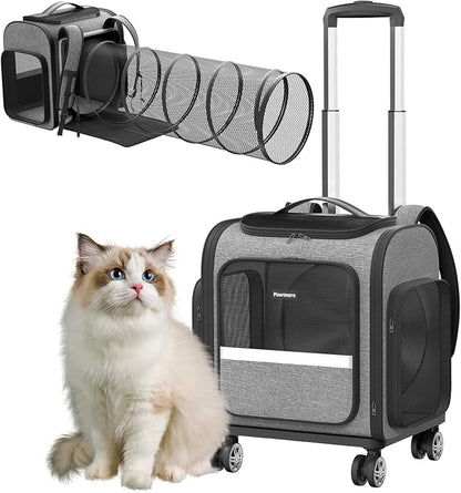 Rolling Cat Carrier with Wheels: Dog Carrier for Small Dogs &amp; Large Cats, Expandable Pet Carrier on Wheels with Cat Play Tunnel, Large Capacity, Breathable Mesh, Side Pocket, Grey