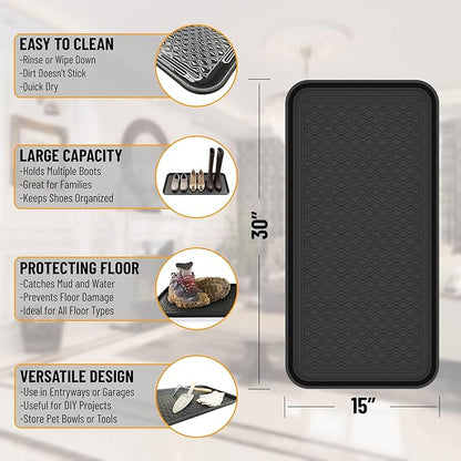 Ottomanson 15” x 30” Multi-Purpose Boot Tray - Waterproof Mat for Shoes, Pet Food, Litter Box, Painting &amp; Planting - 1.2” Raised Edge for Spill Protection