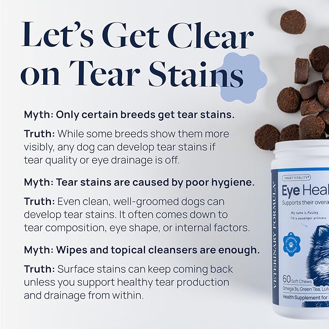 Veterinary Formula Eye Health Supplement for Dogs – Vet-Formulated Tear Stain Chews with Omega 3, Lutein &amp; Cranberry – Smart Vitality Supports Eye Moisture, Stain Reduction &amp; Immunity, 60 Soft Chews