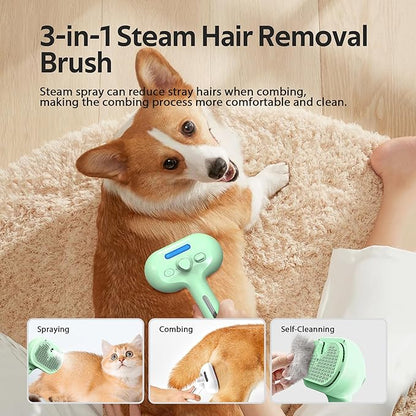 Pet Grooming Brush with Electronic Mist Spray - Gentle Deshedding Tool for Cats &amp; Dogs, Pet Steam Brush，Reduces Shedding, Soft Bristles, Promotes Healthy Coat-Comes with a hair smoothing comb-Greener