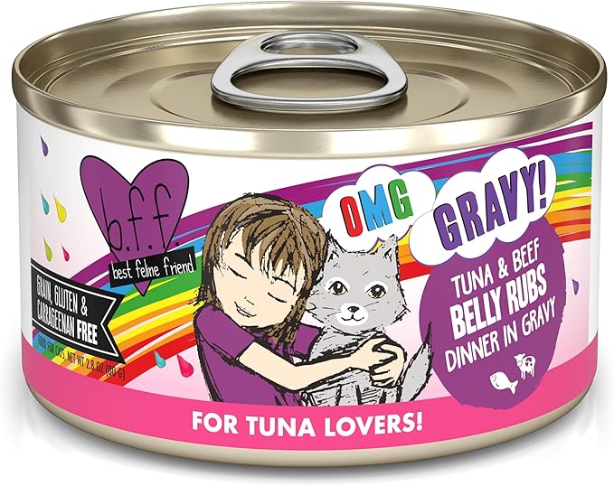 Weruva B.F.F. OMG - Best Feline Friend Oh My Gravy!, Tuna &amp; Beef Belly Rubs with Tuna &amp; Beef, 2.8oz Can (Pack of 12)