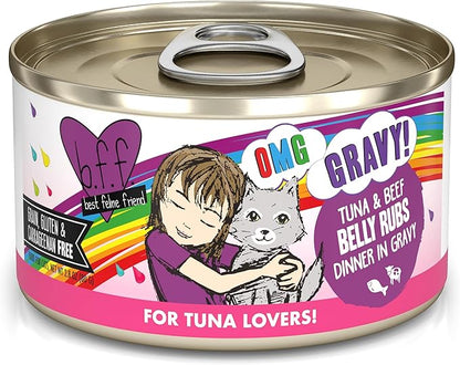 Weruva B.F.F. OMG - Best Feline Friend Oh My Gravy!, Tuna &amp; Beef Belly Rubs with Tuna &amp; Beef, 2.8oz Can (Pack of 12)