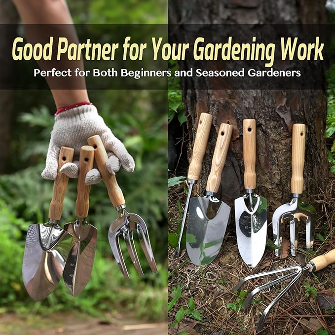 13-Piece Garden Tools Set with Tote Bag &amp; Apron, Repotting Mat - Stainless Steel Heavy Duty Planting Kit, Ergonomic Non-Slip Handles - Gardening Gift for Women, Mom, Home Gardeners