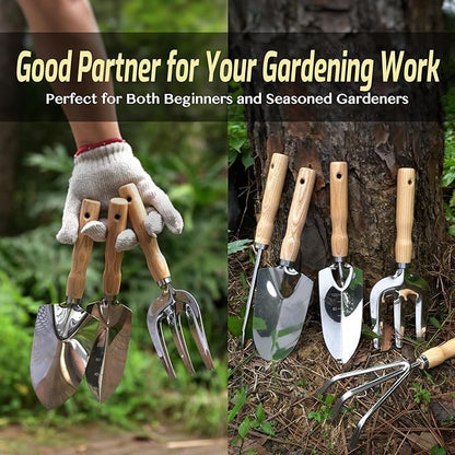 13-Piece Garden Tools Set with Tote Bag &amp; Apron, Repotting Mat - Stainless Steel Heavy Duty Planting Kit, Ergonomic Non-Slip Handles - Gardening Gift for Women, Mom, Home Gardeners