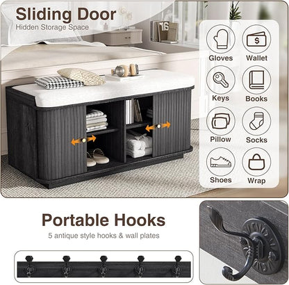 Dark Grey 39.4" W 2-Tier Shoe Bench with Storage | Entryway Bench with Padded Cushion, Sliding Doors &amp; 5 Hooks