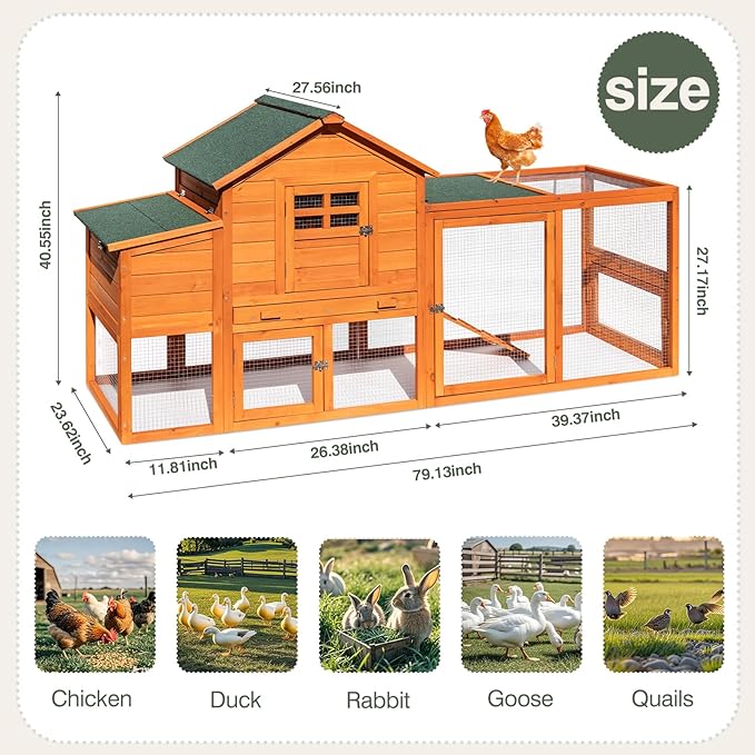 Chicken Coop for 4-6 Chickens Outdoor Wooden Hen House Poultry Pet Hutch for Backyard w/Run Cage &amp; Nesting Box