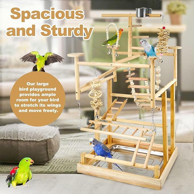 Bird Playground - Natural Wood Parrot Playstand with Perches, Bird Play Gym &amp; Accessories, Removable Tray &amp; 4 Stainless Steel Cups