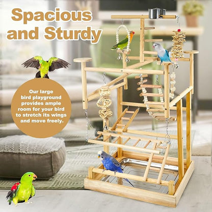 Bird Playground - Natural Wood Parrot Playstand with Perches, Bird Play Gym &amp; Accessories, Removable Tray &amp; 4 Stainless Steel Cups