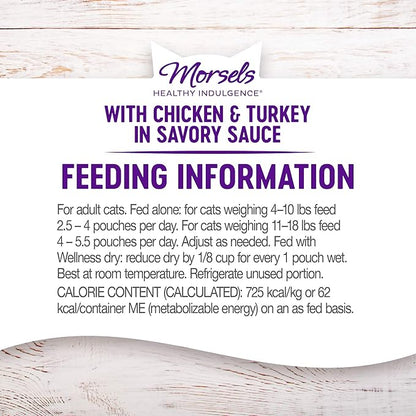 Wellness Healthly Indulgence Morsels Adult Wet Cat Food, Natural, Protein-Rich, Grain Free, 3 Ounce Pouch, 24 Pack, (Chicken &amp; Turkey)
