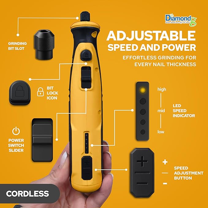 Diamondg Cordless Dog Nail Grinder with Quiet Sound &amp; LED Tip for Large &amp; Small Dogs, 4hrs. Runtime, 2 Bits Included, Orange