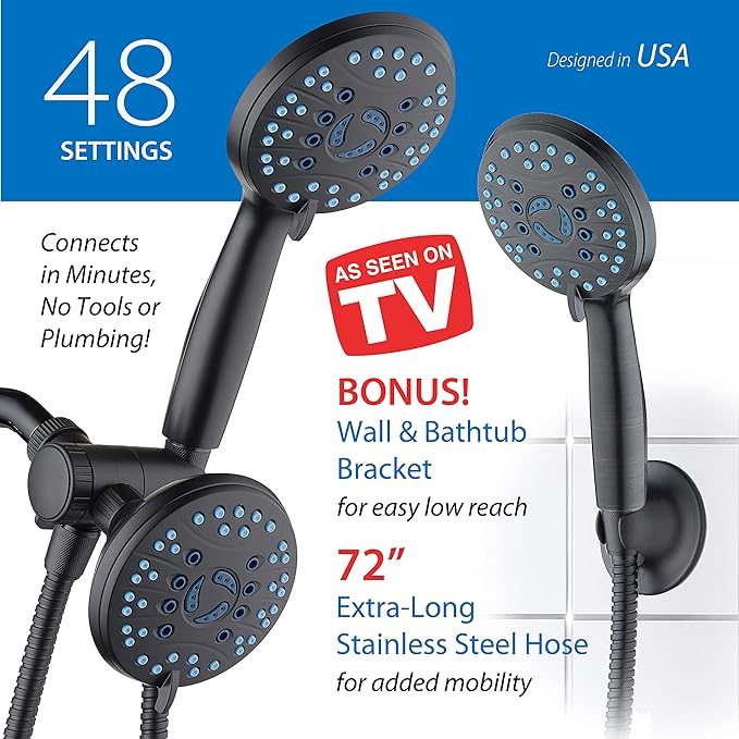 Hotel Spa AquaCare As-Seen-On-TV High Pressure 48-setting Rain &amp; Handheld 3-way Shower Head Combo - Anti-clog Nozzles/Tub, Tile &amp; Pet Power Wash/Extra Long 6 ft. Hose/Matte Black Finish