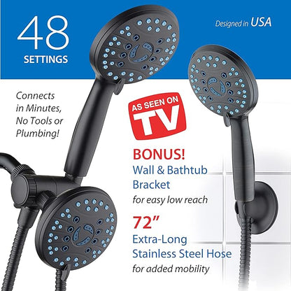 Hotel Spa AquaCare As-Seen-On-TV High Pressure 48-setting Rain &amp; Handheld 3-way Shower Head Combo - Anti-clog Nozzles/Tub, Tile &amp; Pet Power Wash/Extra Long 6 ft. Hose/Matte Black Finish