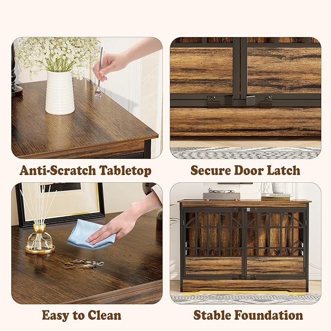COZPAW 52 Inch Dog Crate Furniture, Extra Large Dog Kennel Indoor for XLarge Breed, Heavy Duty Dog Cage with Double Elegant Arched Doors, Decorate as TV Stand &amp; End Table-Retro Brown