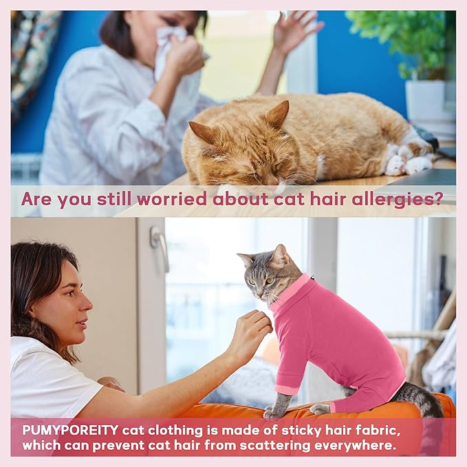 PUMYPOREITY Cat Hair Sticky Sweater, Recovery Suit - Breathable &amp; Lightweight for Post-Surgery Protection, Cat Onsie Prevents Licking Wounds, Pink, 2XL