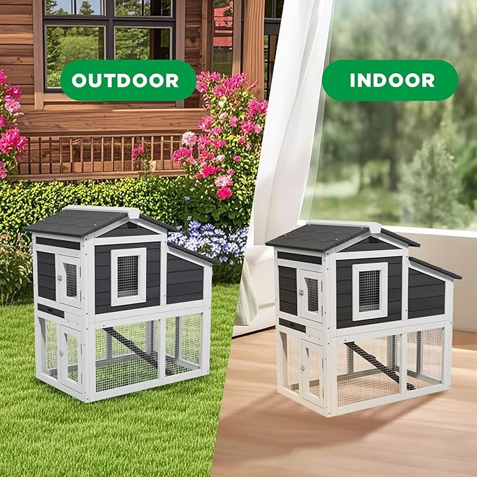 2 Story Rabbit Cage, Weatherproof Rabbit Hutch Indoor &amp; Outdoor, Wooden Guinea Pig Cages with Removable Tray Openable Roof for Small to Medium Animals