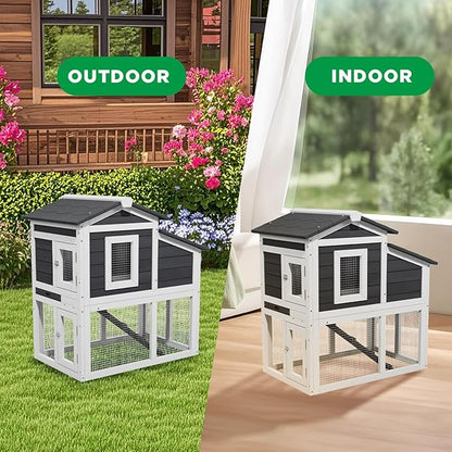 2 Story Rabbit Cage, Weatherproof Rabbit Hutch Indoor &amp; Outdoor, Wooden Guinea Pig Cages with Removable Tray Openable Roof for Small to Medium Animals