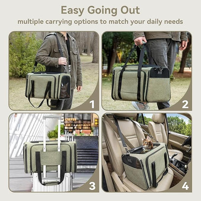 Petsfit Expandable Rabbit Carrier Bunny Carriers, 16 Inch Airline Approved Pet Carrier with 2 Extensions, Soft Washable Cushion, Self-Locking Zipper Head, Built-in Safety Rope, Fit for Travel