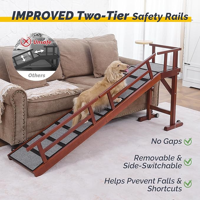 Dog Ramp for Bed or Couch, Wooden Pet Ramp with 20° Gentle Slope, Removable Side Rails, Non-Slip Surface, Top Platform &amp; Wheels, Safe Bed Ramp for Small, Medium &amp; Senior Dogs, 74" Long, Mahogany