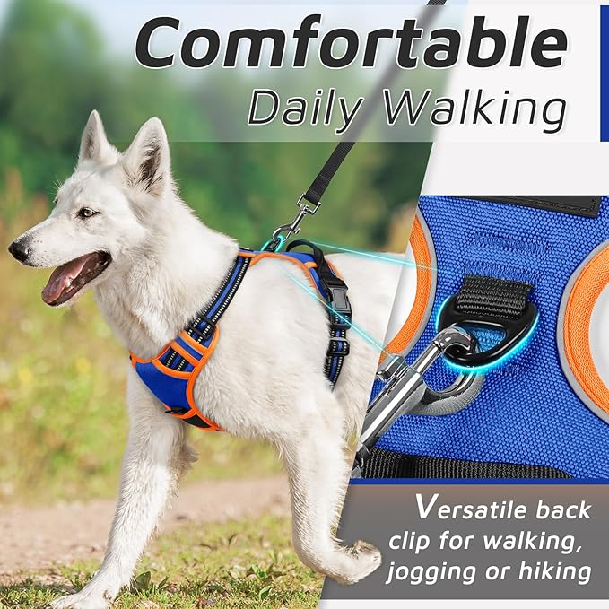 Eagloo Dog Harness for Large Dogs, No Pull Service Vest with Reflective Strips and Control Handle, Adjustable and Comfortable for Walking, No Choke Pet Harness with 2 Metal Rings, Blue &amp; Orange, XL