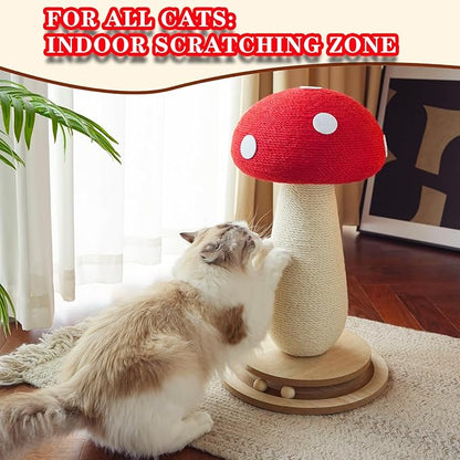 Cat Scratching Post Mushroom Cat Tree with Natural Sisal, Weighted Base &amp; Interactive Ball - for Kittens to Adult Cats - Perfect for Indoor Cats (Red, Large 21 in, 7)