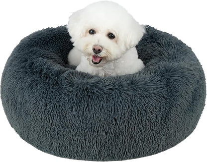 Best Pet Supplies Round Donut Dog Bed with Plush Faux Fur Fabric, Calming, Anti-Anxiety Cushion for Indoor Pets, Slip-Resistant Base, Soft Ergonomic Support - Gray, 30x30x8&