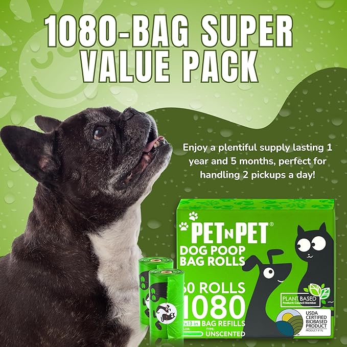 Pet N Pet 1080 Counts Green Poop Bags for Dogs, 41% Plant Based &amp; 59% PE Extra Thick Dog Poop Bags Rolls, 9" x 13", Unscented Pet Waste Bag