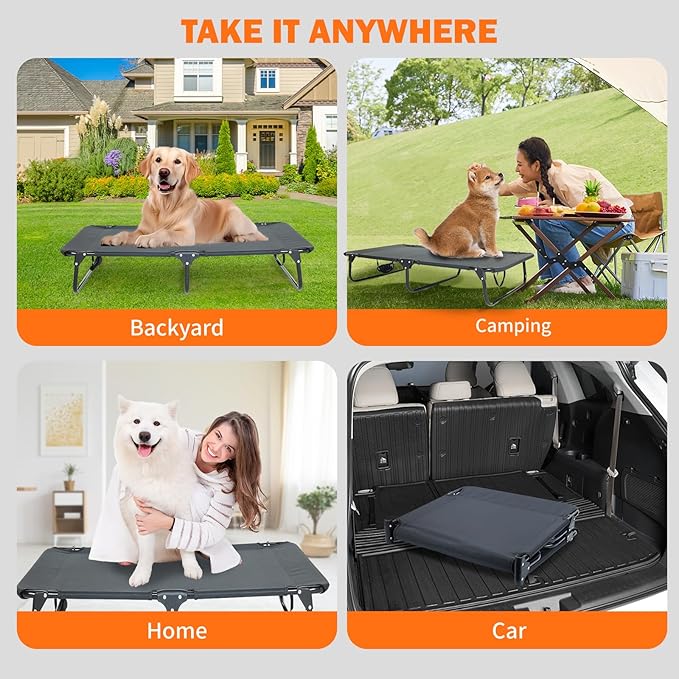 Elevated Dog Bed for Large Pet with No-Slip Feet, Foldable Portable Washable Raised Bed for Indoor&amp;Outdoor Camping Dog Cot, with Cooling Waterproof Breathable Mesh (Large, Black-Textilene)