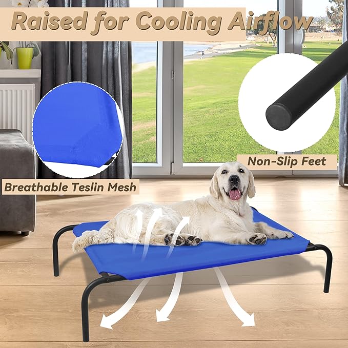 PHYEX Elevated Dog Bed for Large Dogs, Raised Dog Bed with Breathable Mesh, Dog Cot Bed with Sturdy Steel Frame for Indoor &amp; Outdoor Use, Non Slip, Easy to Clean, 50.5 Inches, Blue
