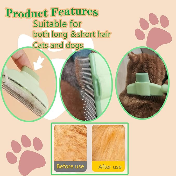 Cat Comb Dog Comb Pet Hair Removal Tool Flea Comb for Cats and Dog Lice Comb Cat Brush with Release Button Self-Cleaning with Long &amp; Short Stainless Steel Metal Teeth for Shedding