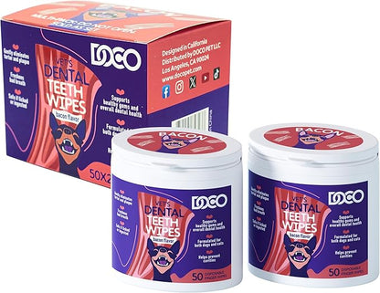 DOCO Dog Teeth Cleaning Wipes Dental Finger Wipes for Cats &amp; Dogs Remove Plaque &amp; Tartar, Freshen Breath, No Rinse, Easy &amp; Effective Pet Tooth Cleaning Kit for Oral Care, Bacon Flavor, 100 Count