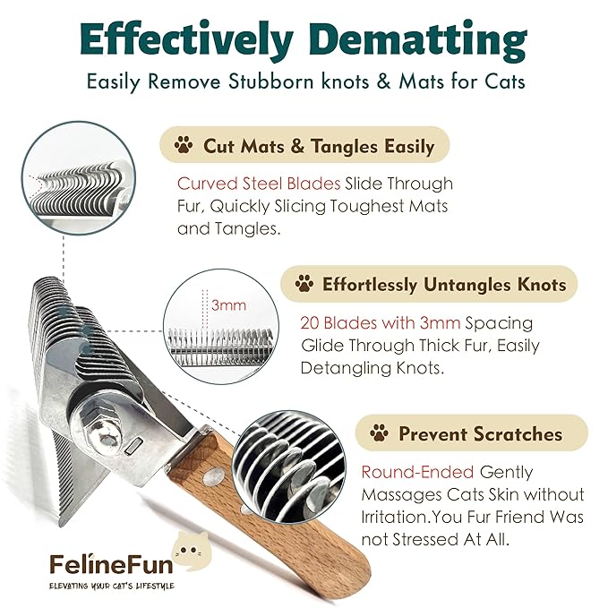 FelineFun Cat Brush for Dematting &amp; Deshedding, 2 in 1 Undercoat Rake, Efficiently Remove Loose Hair &amp; Matted Fur, Professional Shedding Comb for Indoor Cats &amp; Long Haired Cats