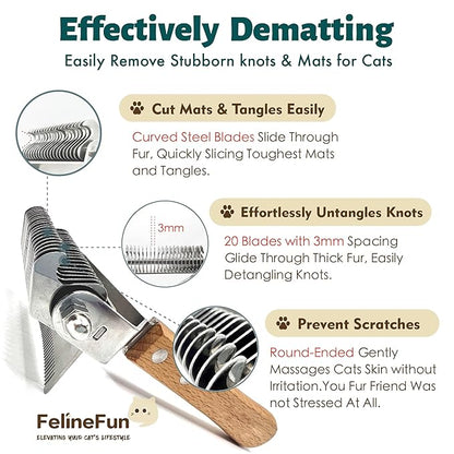 FelineFun Cat Brush for Dematting &amp; Deshedding, 2 in 1 Undercoat Rake, Efficiently Remove Loose Hair &amp; Matted Fur, Professional Shedding Comb for Indoor Cats &amp; Long Haired Cats