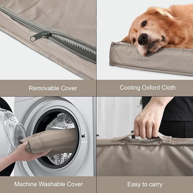 Outdoor Dog Bed for Medium/Small Dogs, Waterproof Dog Bed for Medium Dogs Cats, Orthopedic Egg Crate Foam Pet Bed with Removable Cooling Cover, Khaki