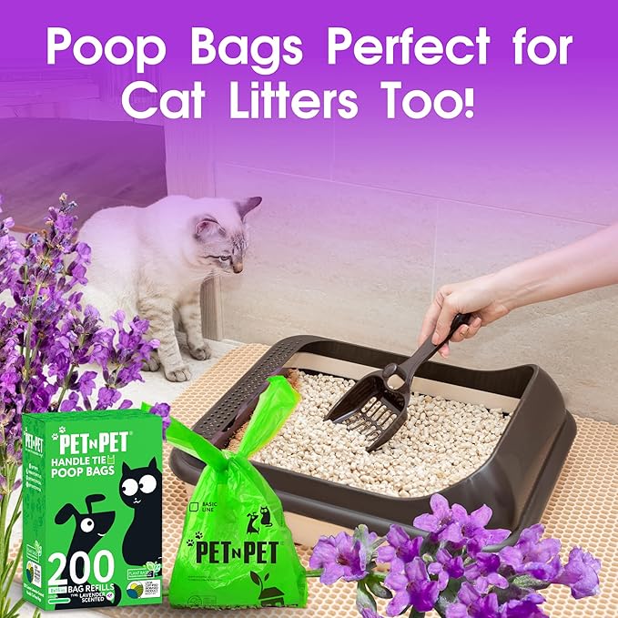 Pet N Pet 200 Counts Lavender Scented Dog Poop Bags Rolls with Tie Handles, 38% Plant Based &amp; 62% PE Poop Bags for Dogs, Extra-Thick Doggie Poo Bag, Pet Waste Bag