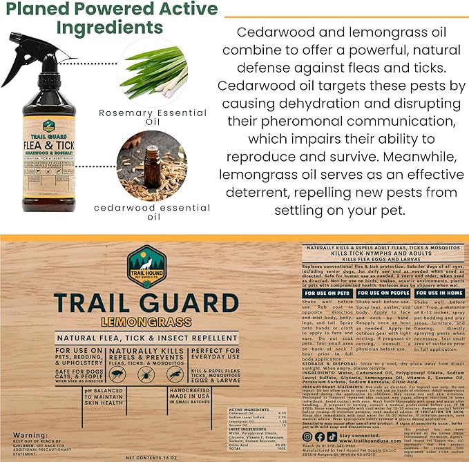Trail Guard Natural Extra Strength Insect, Flea and Tick Spray for Dogs, Cats, People &amp; Home - 16oz Lemongrass Scented Plant-Based Insect &amp; Tick Repellent for Dogs - Kid Safe (16oz)