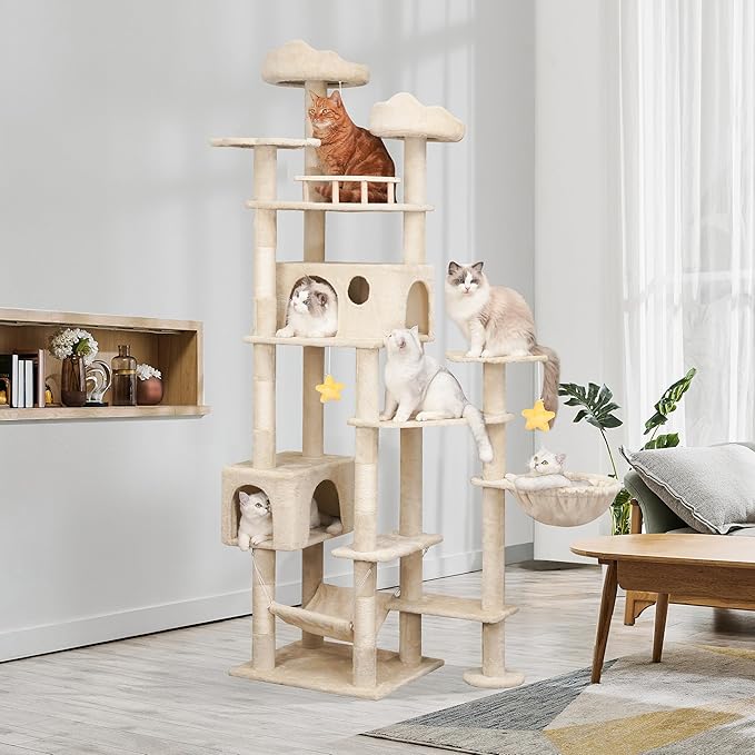 85inch Heavy Duty Cat Tree for Indoor Cats Large Adult, Tall Giant Cat Tower with Scratching Post, Large Perches, Cozy Cat Condos &amp; Hanging Hammocks, Beige