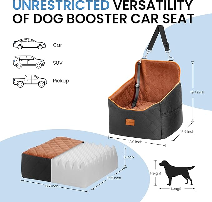 Dog Car Seat for Small Dogs - Puppy Car Seat with Safety Strap &amp; Waterproof Padding, Portable Pet Carrier for Cars, Trucks &amp; SUVs, Comfortable Elevated Bed for Pets Up to 35lbs (Black/Coffee)