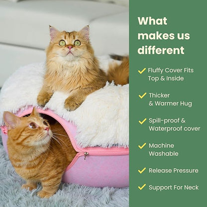 CATTASAURUS Peekaboo Cat Cave for Multiple &amp; Large Cats Up to 30-45 Lbs, Fluffy Cat Beds for Indoor Cats, Scratch Detachable &amp; Washable Tunnel Bed, Comfy Donut Cat Cave (Pink, Large (Calming))