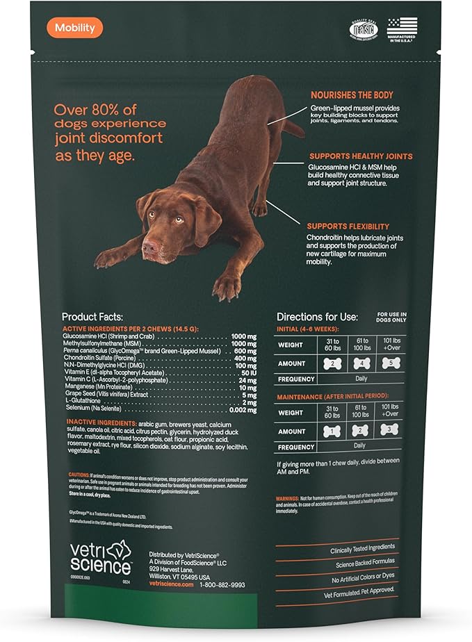 VetriScience Ultimate Strength Healthy Hip &amp; Joint Chews, GlycoFlex Glucosamine, Chondroitin and Green-Lipped Mussel Joint Support Supplement for Dogs, Soothe Joint Discomfort, Duck, 60 Count