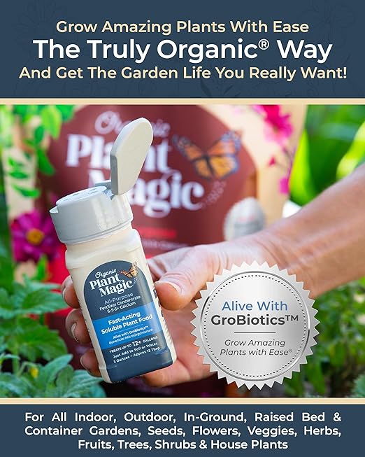 Organic Plant Magic - Truly Organic™ Easy to Use Soluble Plant Food Shaker: All-Purpose Fertilizer Concentrate for All Flower Vegetable Herb Fruit Tree Indoor Garden &amp; House Plants [Four 3 oz Shaker]