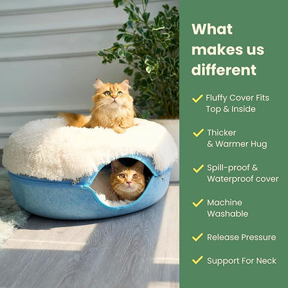 CATTASAURUS Peekaboo Cat Cave for Multiple &amp; Large Cats Up to 30-45 Lbs, Fluffy Cat Beds for Indoor Cats, Scratch Detachable &amp; Washable Tunnel Bed, Comfy Donut Cat Cave (Blue, Large (Calming))