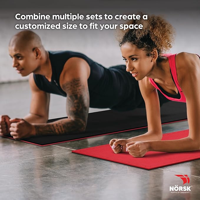 Norsk Reversible Gym Exercise Mats 3/4" Thick EVA Interlocking Foam Tiles, Perfect Home Gym Flooring, 20 Tiles &amp; 40 Trim Pieces, 80 Sq. Ft. Reversible, Red/Black