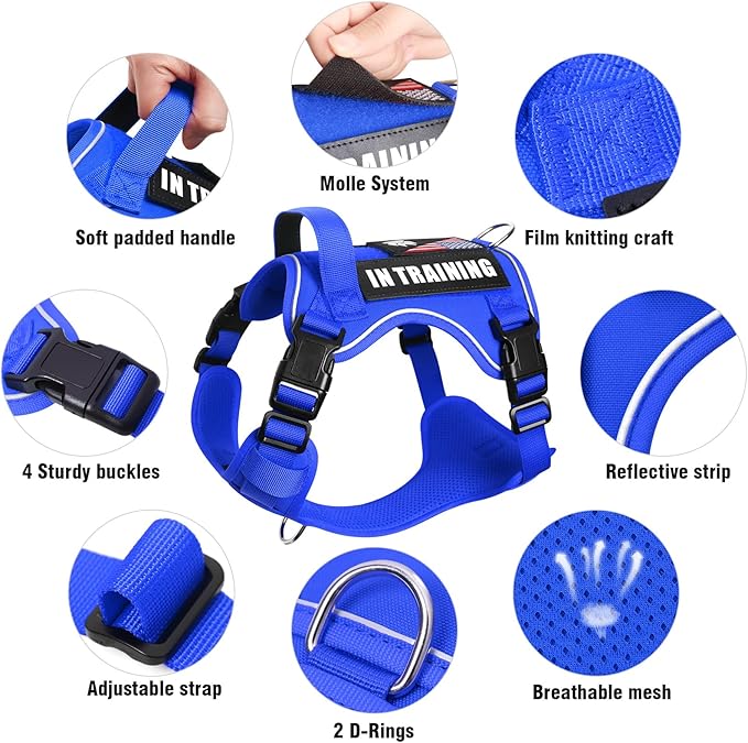 WINSEE Service Dog in Training Harness with 5 PCS Patches, Reflective Tactical Dog Vest Harness, Adjustable Soft Oxford Pet Harness with Easy Control Handle, Hook &amp; Loop Panels for Walking Hiking