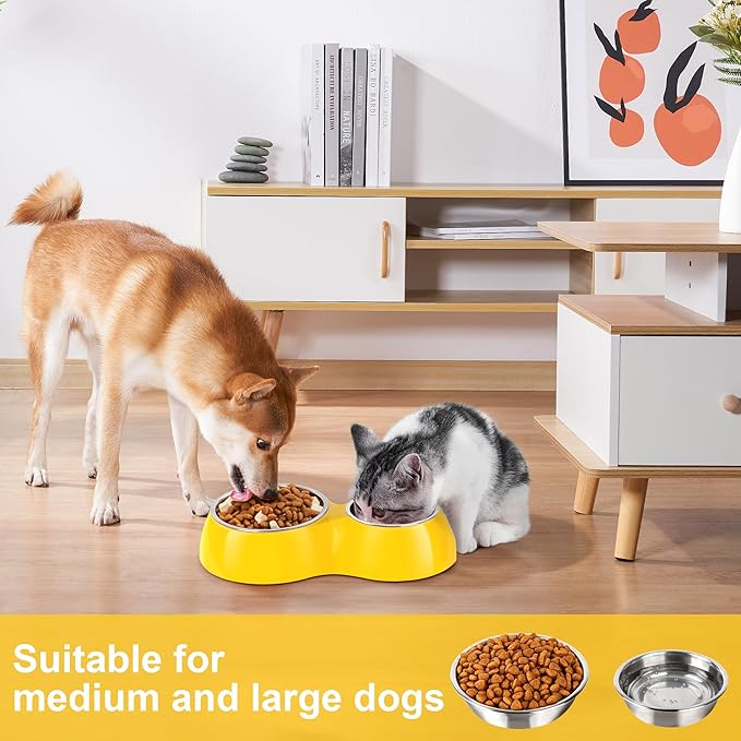 Elevated Dog Bowls Set - Non-Slip Raised Pet Feeder with Medium (2 Cups) &amp; Large (4 Cups) Stainless Steel Bowls - Includes Durable Resin Stand for Puppies, Adult Dogs &amp; Cats - Yellow