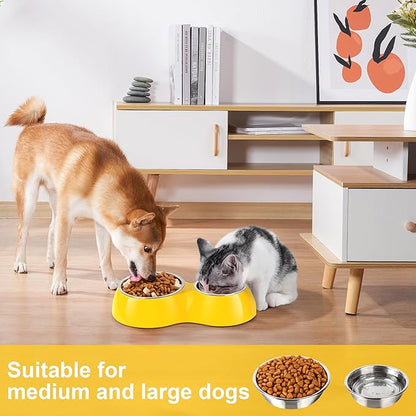 Elevated Dog Bowls Set - Non-Slip Raised Pet Feeder with Medium (2 Cups) &amp; Large (4 Cups) Stainless Steel Bowls - Includes Durable Resin Stand for Puppies, Adult Dogs &amp; Cats - Yellow