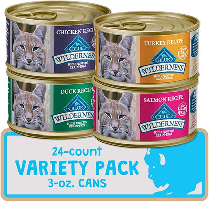 Blue Buffalo Wilderness High Protein Grain Free, Natural Adult Pate Wet Cat Food Variety Pack, Chicken, Salmon, Duck, and Turkey, 3-oz Can, 24 Count