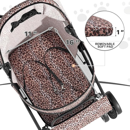 MoNiBloom 4 Wheels Pet Stroller, Easy-Fold Umbrella Shaped Dog Cat Jogger Stroller w/Storage Bag &amp; Visible Mesh for Small/Medium Dogs Cats Leopard Print