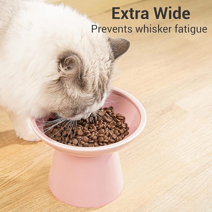 Extra Wide Elevated Ceramic Cat Food Bowl - 6.2" Shallow Dish for Whisker Fatigue Relief, 5" Height for Easy Feeding, Lead &amp; Cadmium Free, Durable Raised Cat Food Bowls, Pink