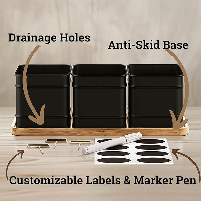 Herb Planter Indoor - 3 Iron Herb Pots with Drainage Holes, Varnished Bamboo Tray, Customizable Labels &amp; Marker Pen - Indoor Herb Garden Planter - 3 Pots for Herbs - Inside Spice Garden - Basil Pot
