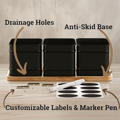 Herb Planter Indoor - 3 Iron Herb Pots with Drainage Holes, Varnished Bamboo Tray, Customizable Labels &amp; Marker Pen - Indoor Herb Garden Planter - 3 Pots for Herbs - Inside Spice Garden - Basil Pot